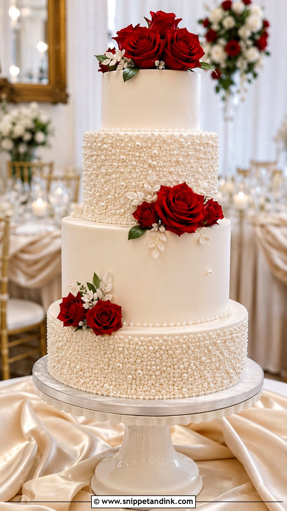 White Pearl Wedding Cake With Red Roses - Snippet and Ink - 30 White Wedding Cake Ideas with Red Roses