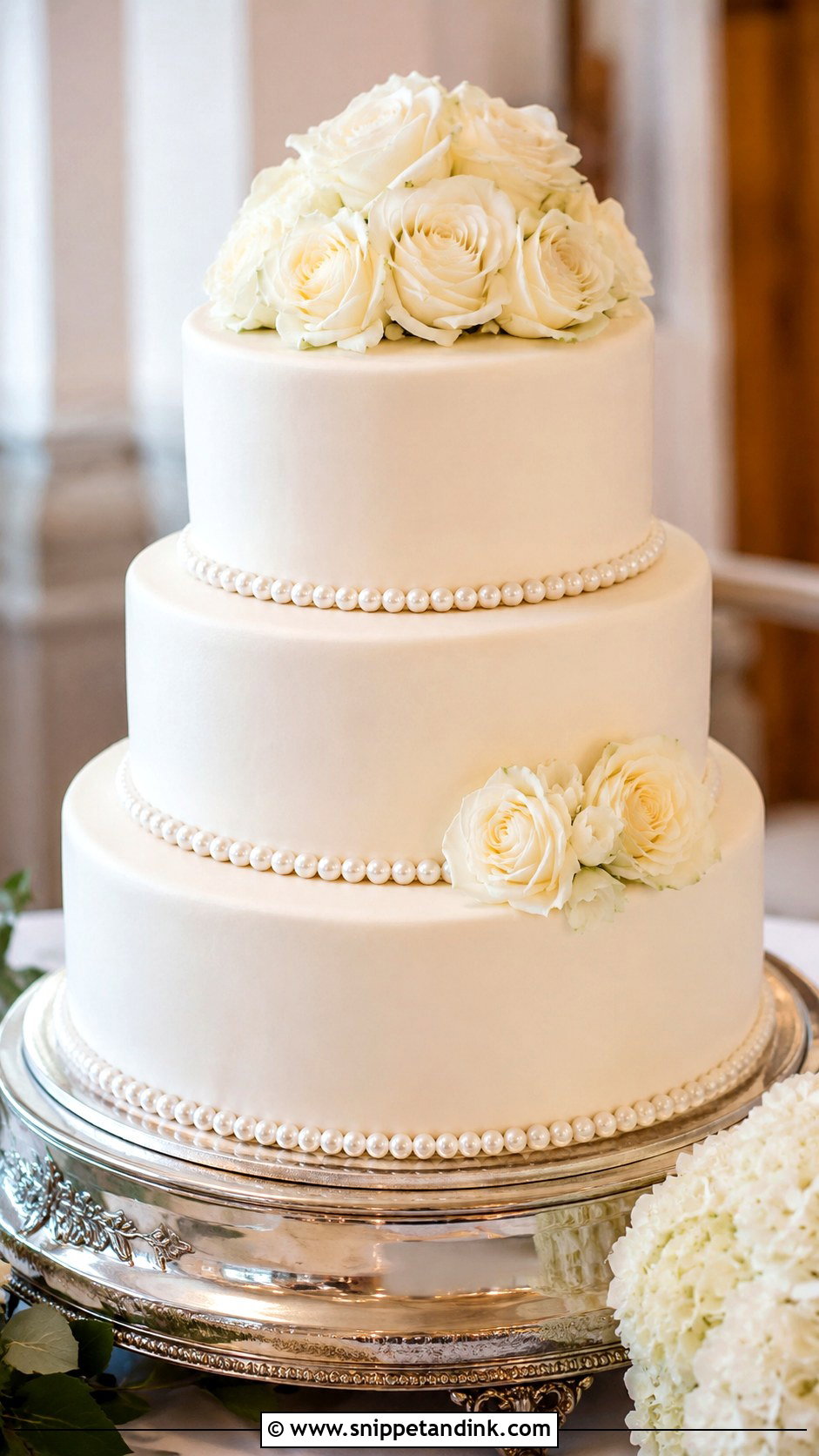 White Pearl Wedding Cake With Roses - Snippet and Ink - 30 Wedding Cake Ideas with Flowers and Pearls