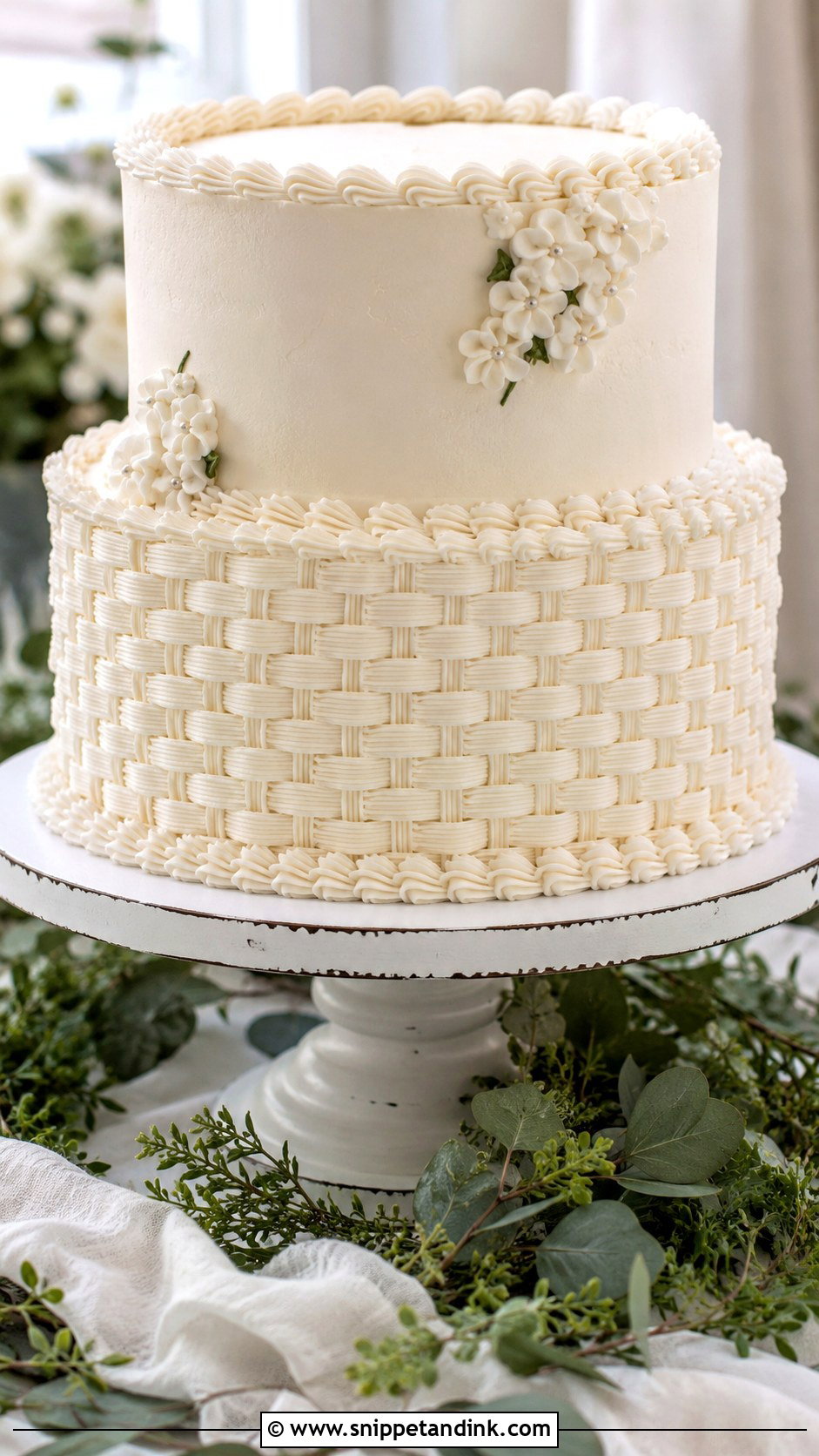 White Piped Wedding Cake With Basketweave Piping - Snippet and Ink - 20 White Piped Wedding Cake Ideas