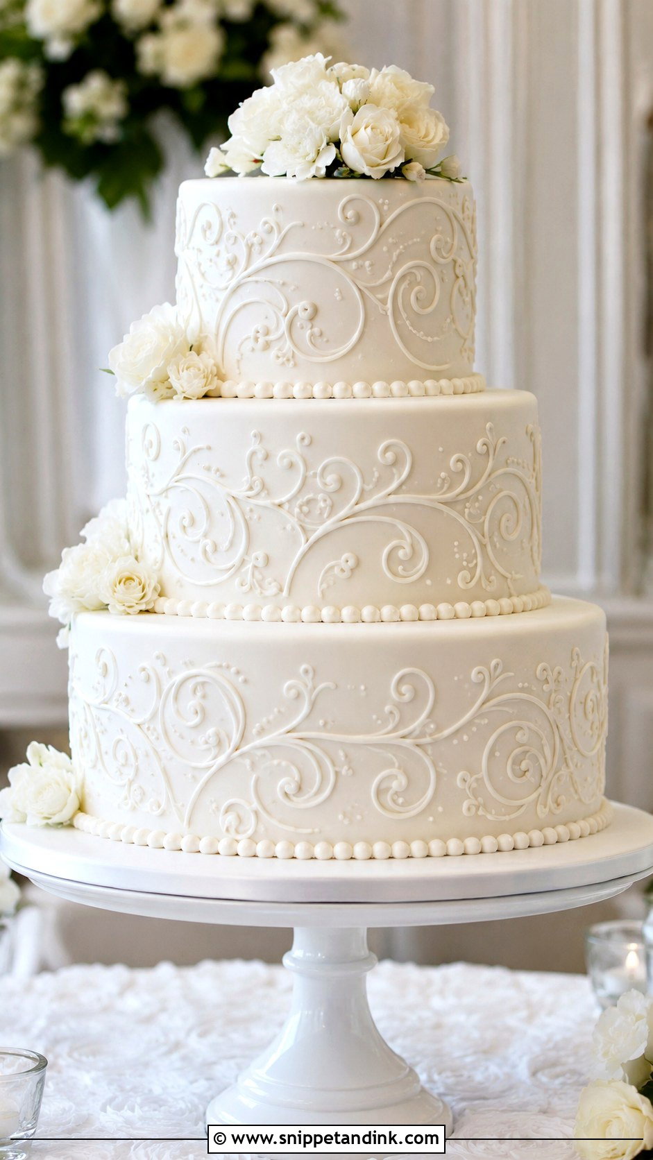 White Piped Wedding Cake With Drop String Piping - Snippet and Ink - 20 White Piped Wedding Cake Ideas