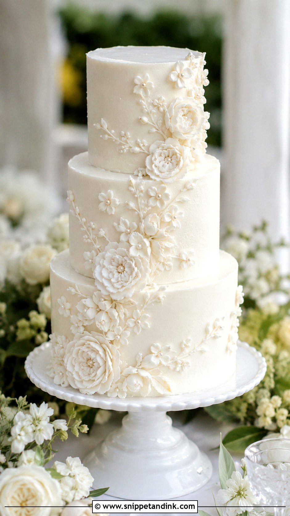 White Piped Wedding Cake With Floral Piping - Snippet and Ink - 20 White Piped Wedding Cake Ideas