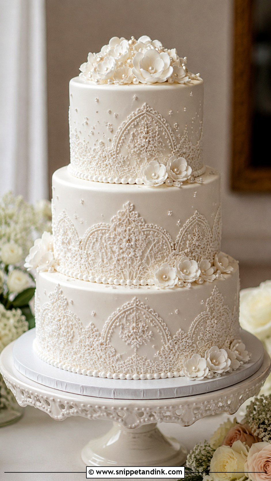 White Piped Wedding Cake With Lace Piping - Snippet and Ink - 20 White Piped Wedding Cake Ideas