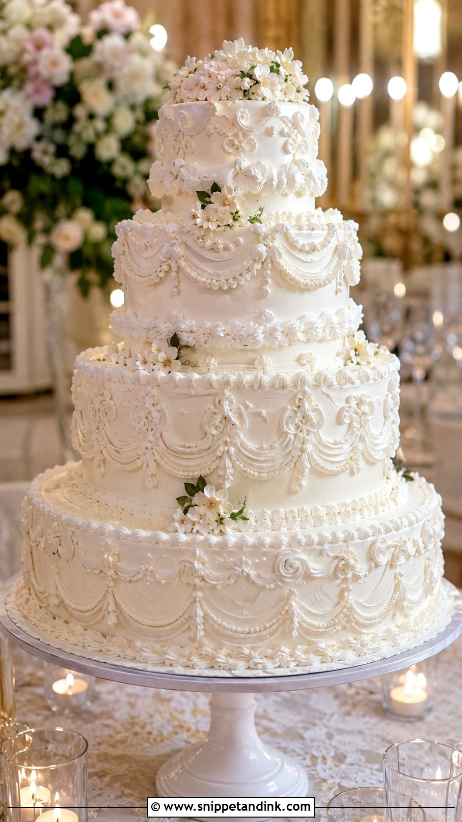 White Piped Wedding Cake With Lambeth Piping - Snippet and Ink - 20 White Piped Wedding Cake Ideas
