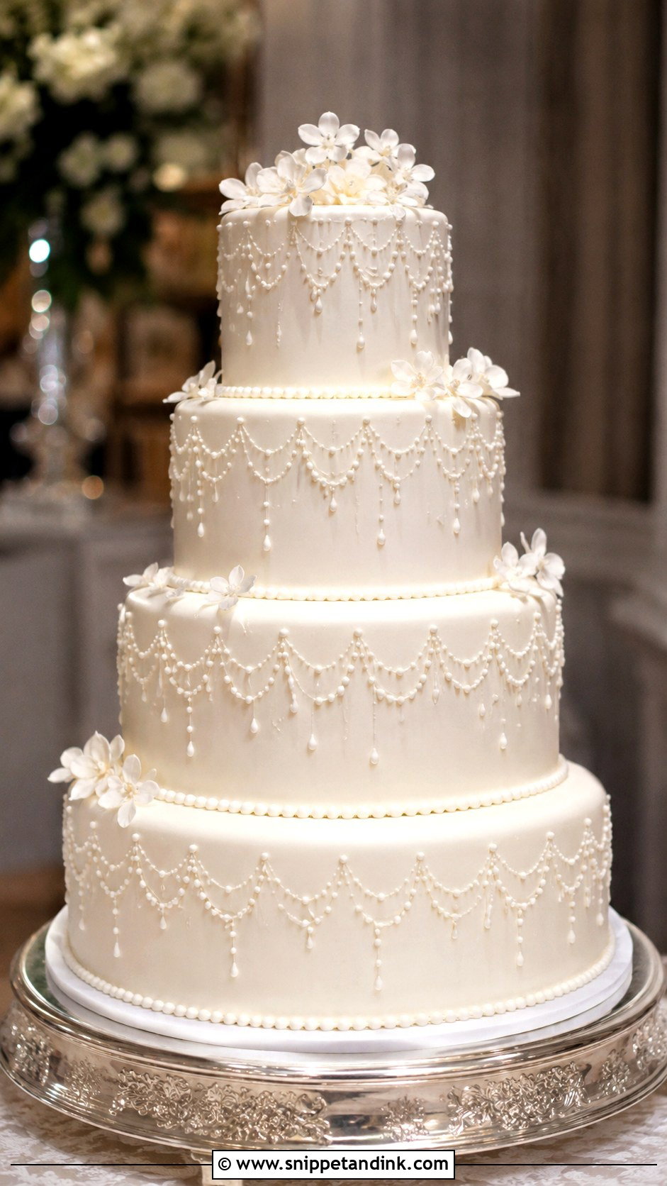 White Piped Wedding Cake With Monogram Piping - Snippet and Ink - 20 White Piped Wedding Cake Ideas