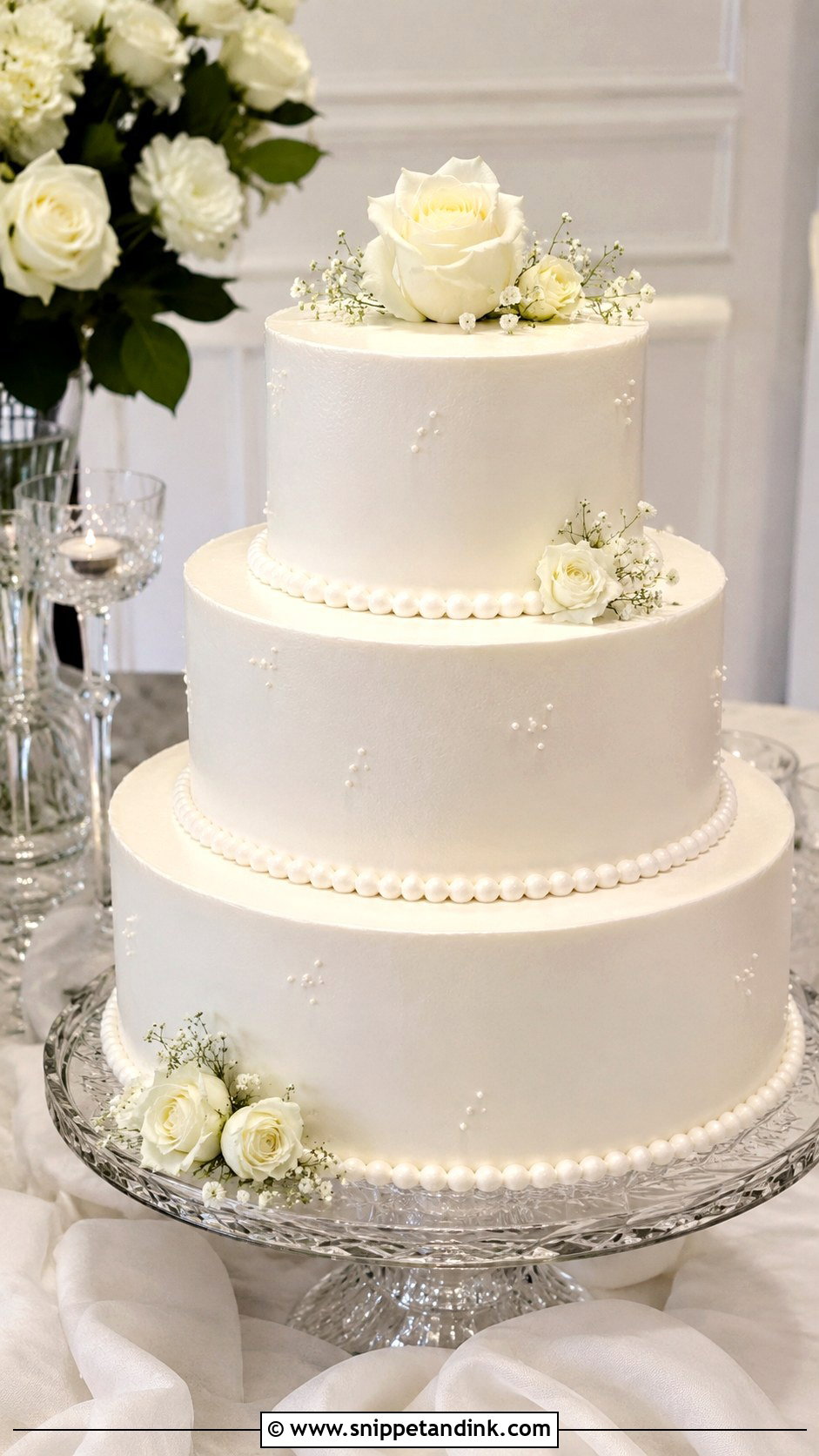 White Piped Wedding Cake With Pearl Borders - Snippet and Ink - 20 White Piped Wedding Cake Ideas