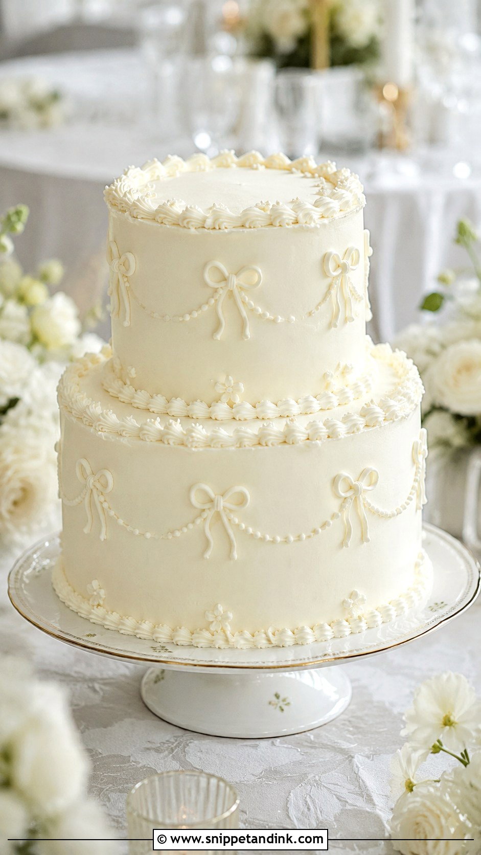 White Piped Wedding Cake With Piped Bows - Snippet and Ink - 20 White Piped Wedding Cake Ideas
