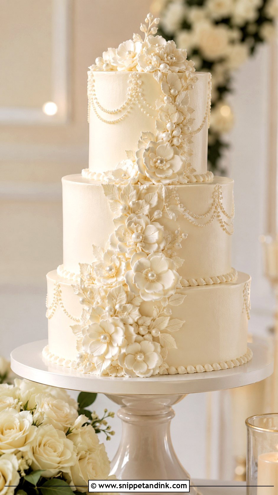 White Piped Wedding Cake With Piped Flowers And Pearls - Snippet and Ink - 20 White Piped Wedding Cake Ideas