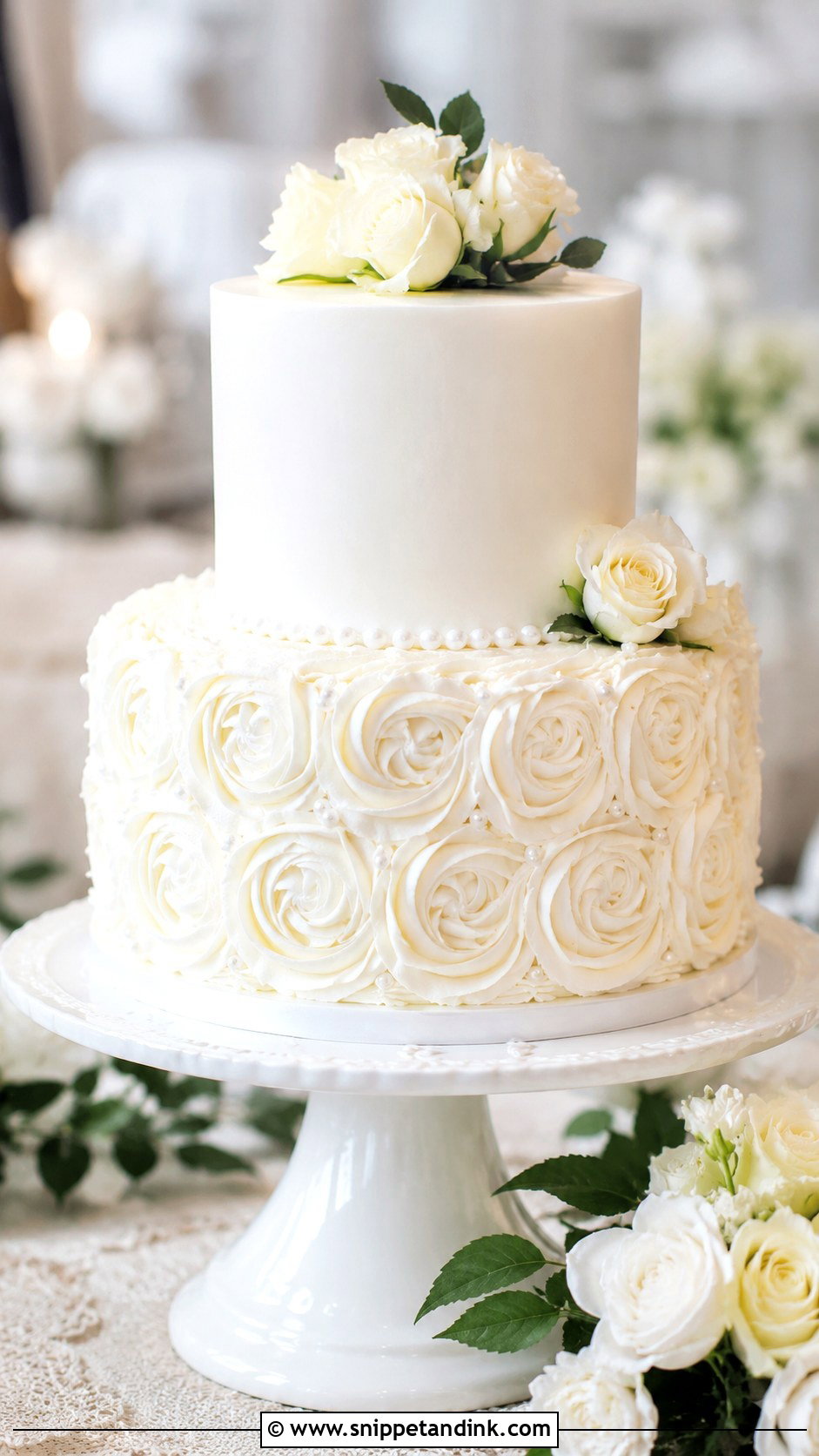 White Piped Wedding Cake With Rosettes - Snippet and Ink - 20 White Piped Wedding Cake Ideas