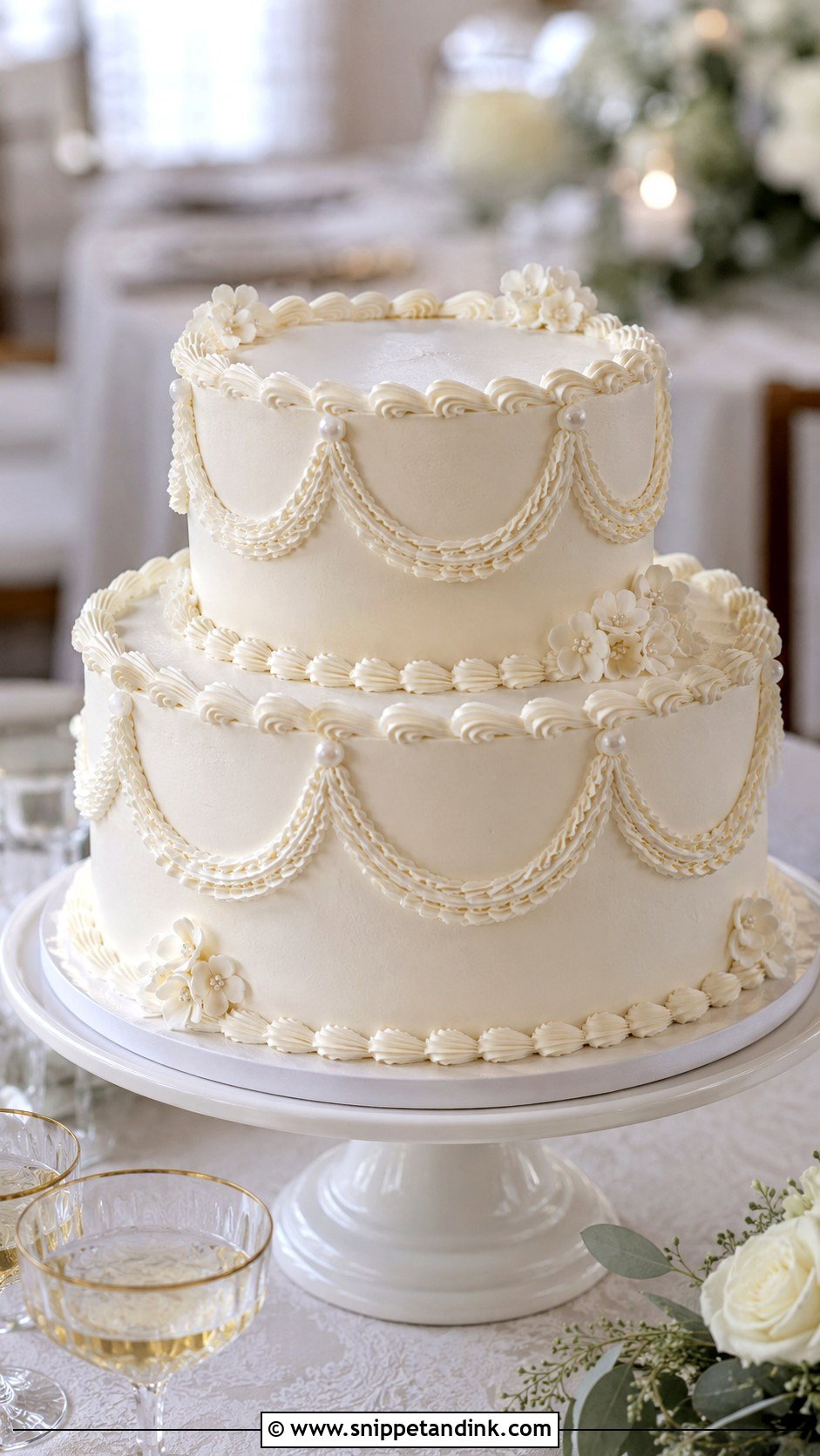 White Piped Wedding Cake With Scallop Piping - Snippet and Ink - 20 White Piped Wedding Cake Ideas