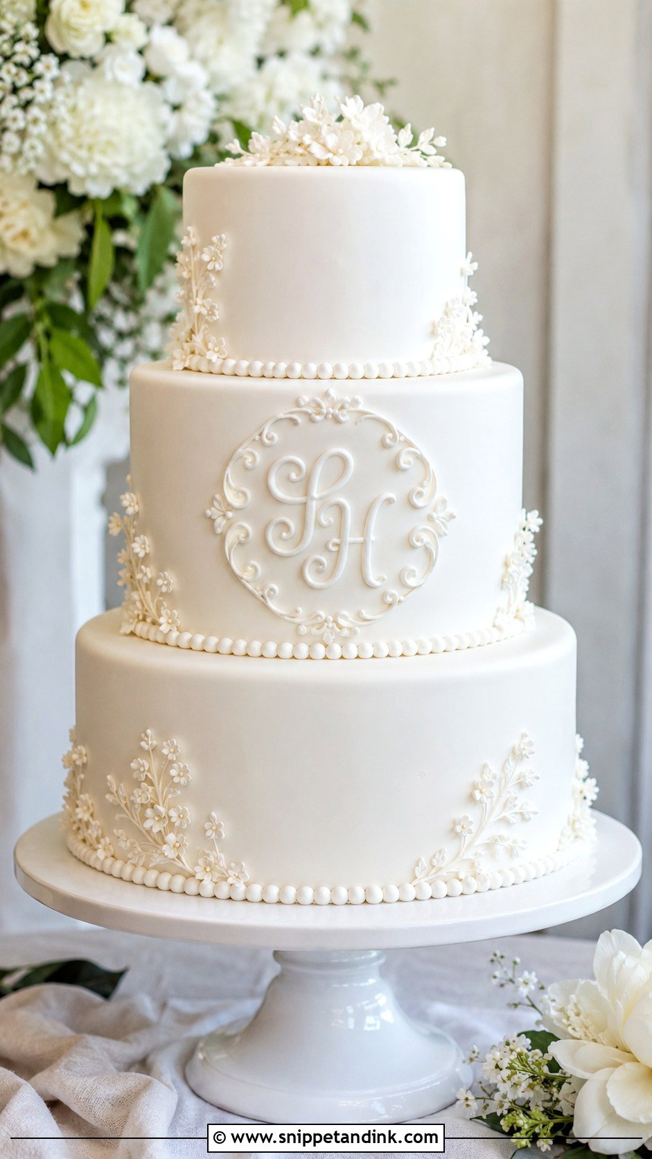White Piped Wedding Cake With Scroll Piping - Snippet and Ink - 20 White Piped Wedding Cake Ideas