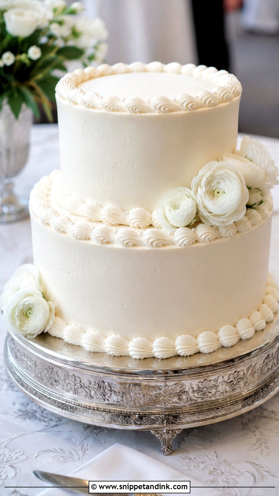 White Piped Wedding Cake With Shell Borders - Snippet and Ink - 20 White Piped Wedding Cake Ideas