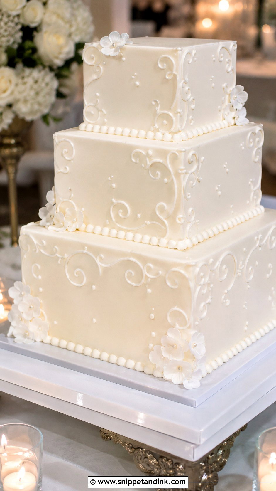 White Piped Wedding Cake With Square Tiers - Snippet and Ink - 20 White Piped Wedding Cake Ideas