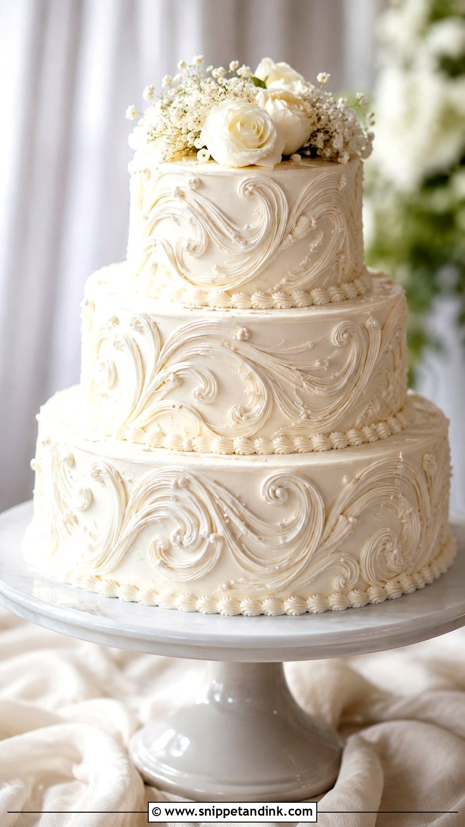 White Piped Wedding Cake With Swirl Piping - Snippet and Ink - 20 White Piped Wedding Cake Ideas