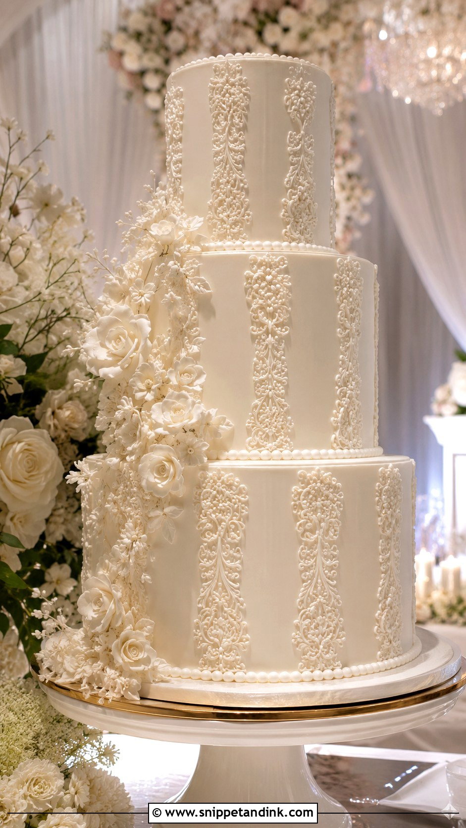 White Piped Wedding Cake With Tall Tiers - Snippet and Ink - 20 White Piped Wedding Cake Ideas