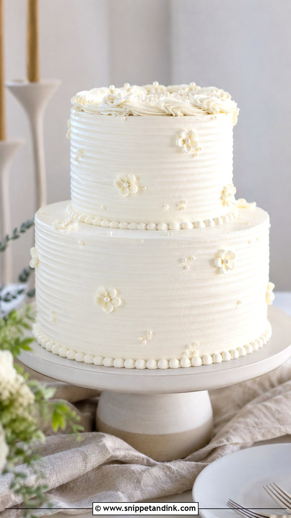 White Piped Wedding Cake With Textured Buttercream - Snippet and Ink - 20 White Piped Wedding Cake Ideas