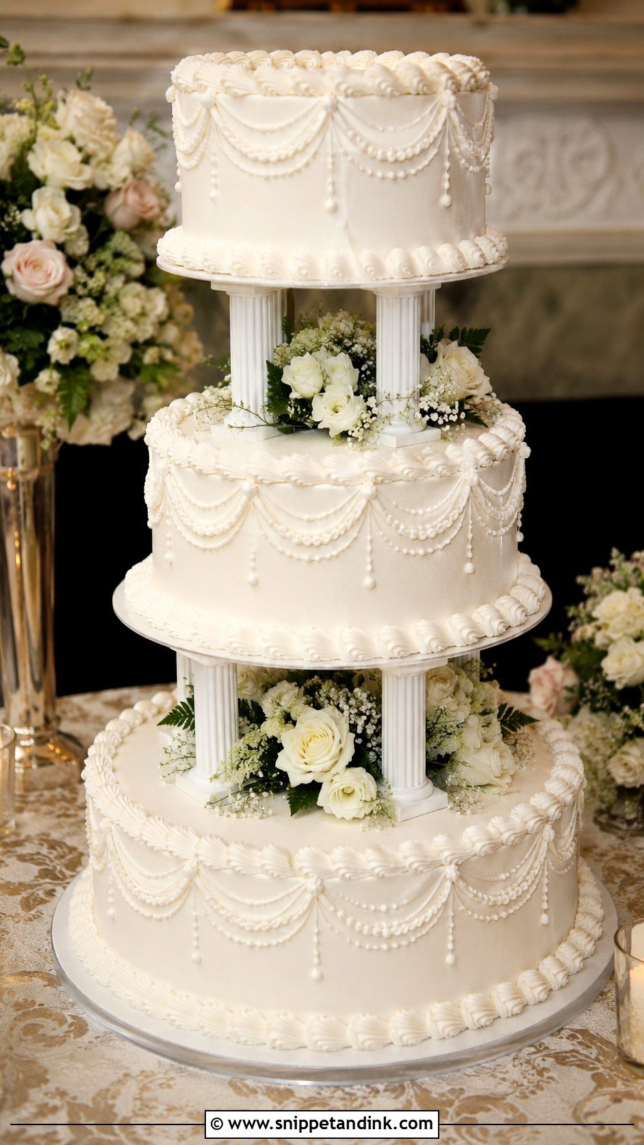 White Piped Wedding Cake With Tiered Columns - Snippet and Ink - 20 White Piped Wedding Cake Ideas