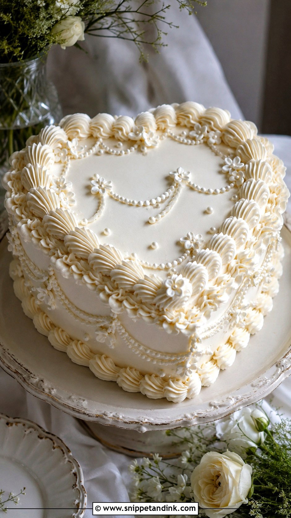 White Piped Wedding Cake With Vintage Heart Shape - Snippet and Ink - 20 White Piped Wedding Cake Ideas