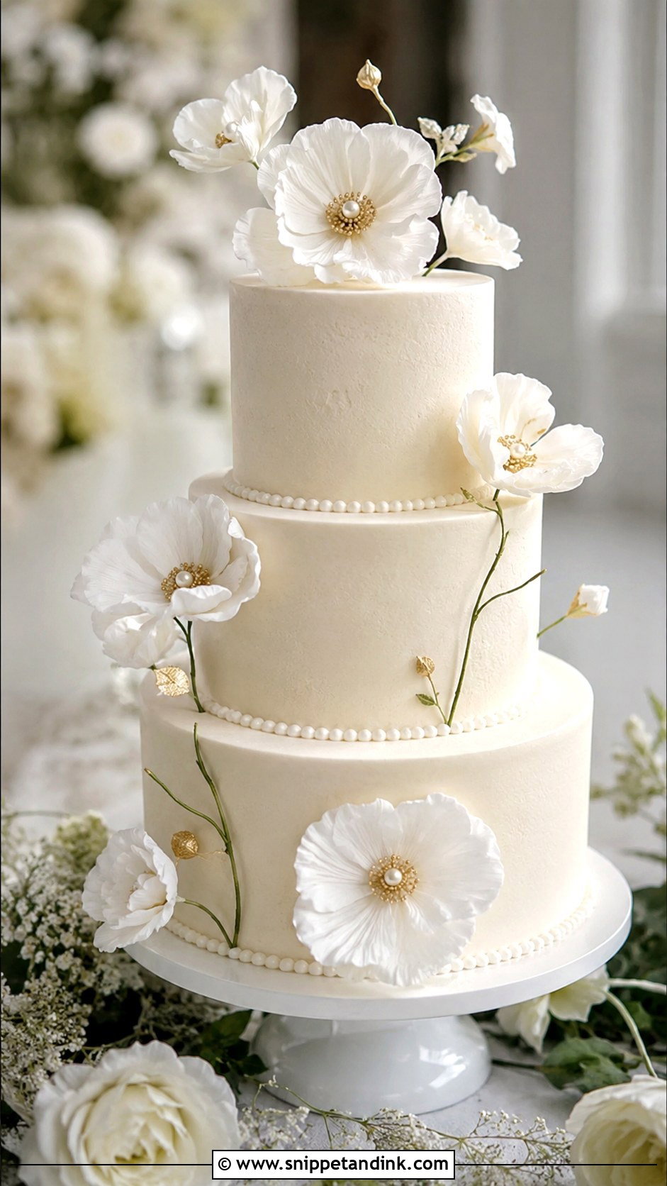 White Poppy Wedding Cake - Snippet and Ink - 25 Wedding Cake Ideas with Poppies