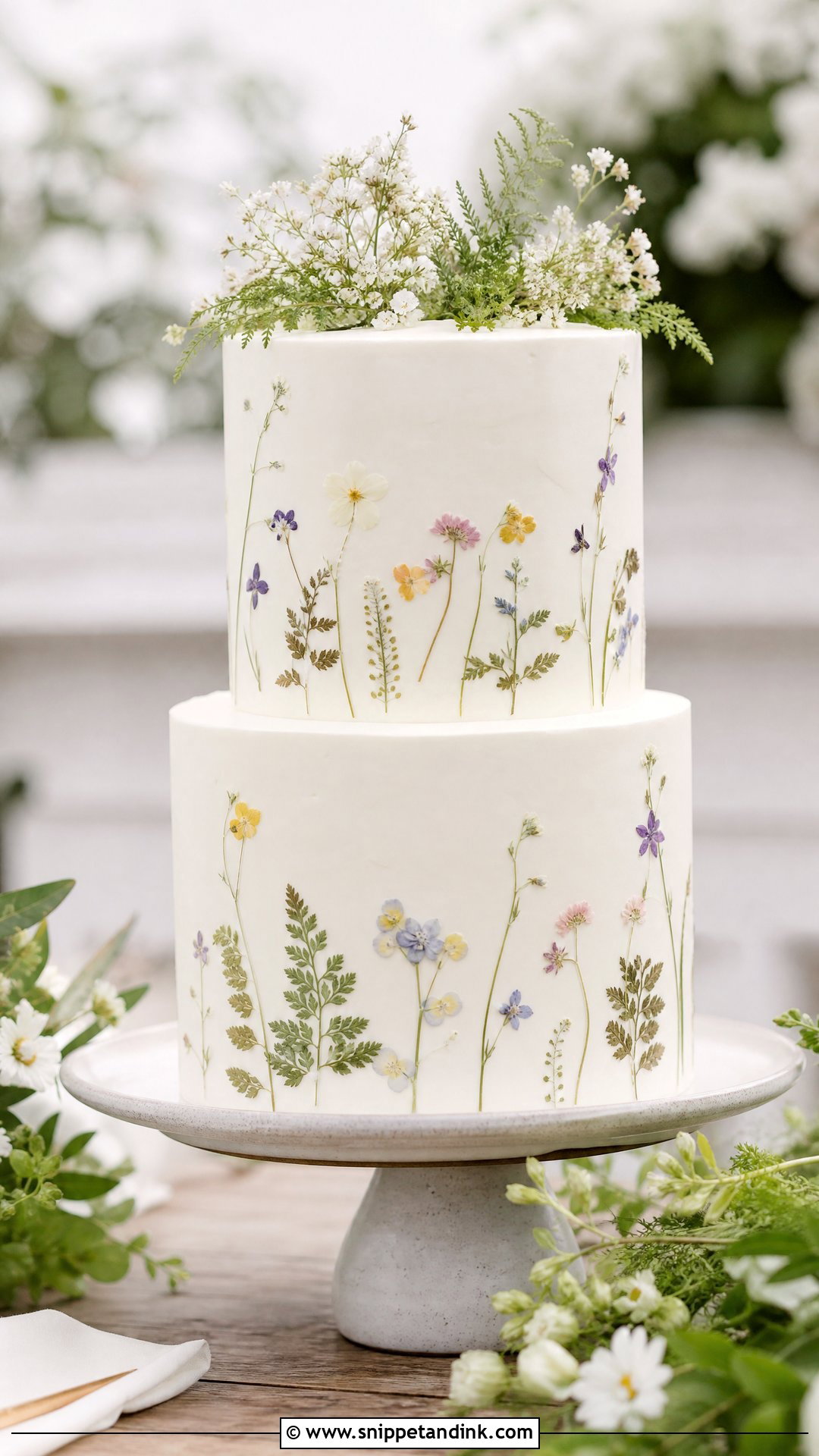 White Pressed Flower Wedding Cake - Snippet and Ink - 30 White Cakes for Wedding