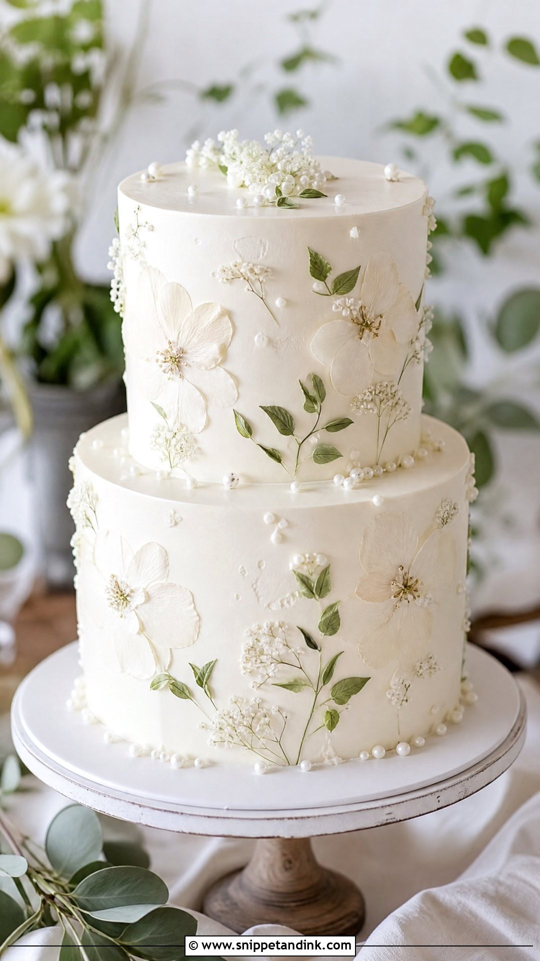 White Pressed Flower Wedding Cake - Snippet and Ink - 25 White Wedding Cake Ideas