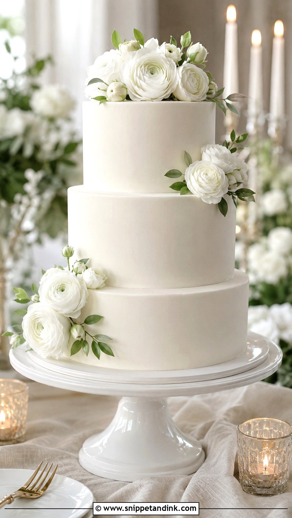 White Ranunculus Wedding Cake - Snippet and Ink - 25 Wedding Cake Ideas with Ranunculus