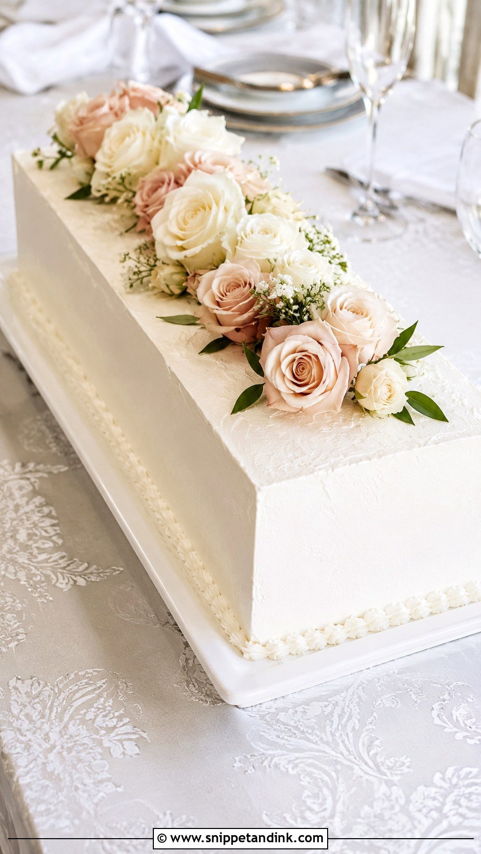 White Rectangle Wedding Cake With Fresh Roses - Snippet and Ink - 20 Rectangle Cake Ideas with Flowers for Wedding