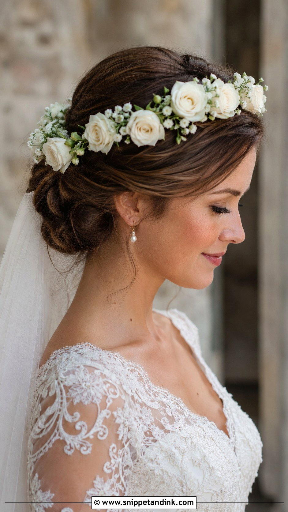White Rose Flower Crown With Updo - Snippet and Ink - 20 Flower Crown Wedding Hair Ideas
