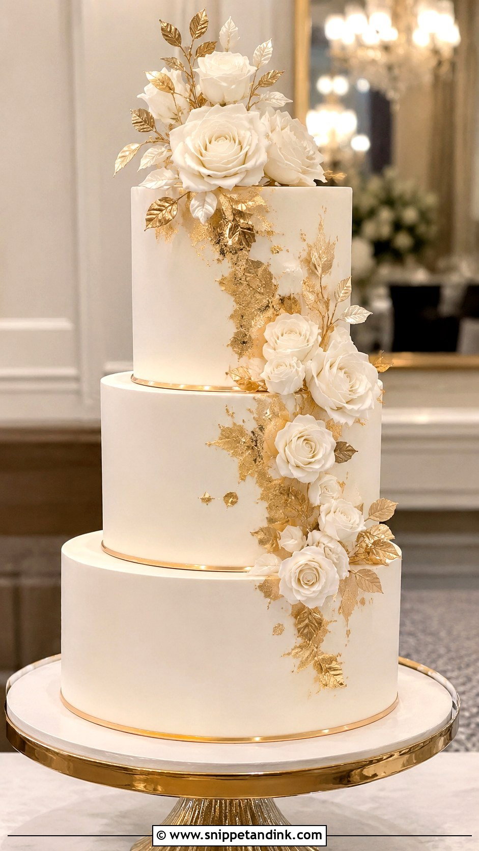 White Rose Wedding Cake With Gold - Snippet and Ink - 20 White Roses Cake Ideas for Wedding