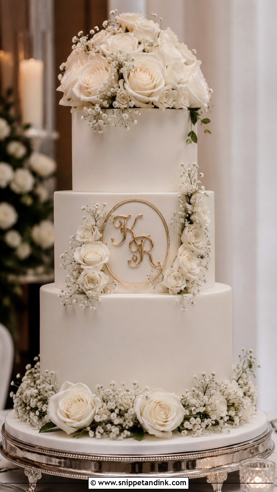 White Rose Wedding Cake With Monogram - Snippet and Ink - 20 White Roses Cake Ideas for Wedding