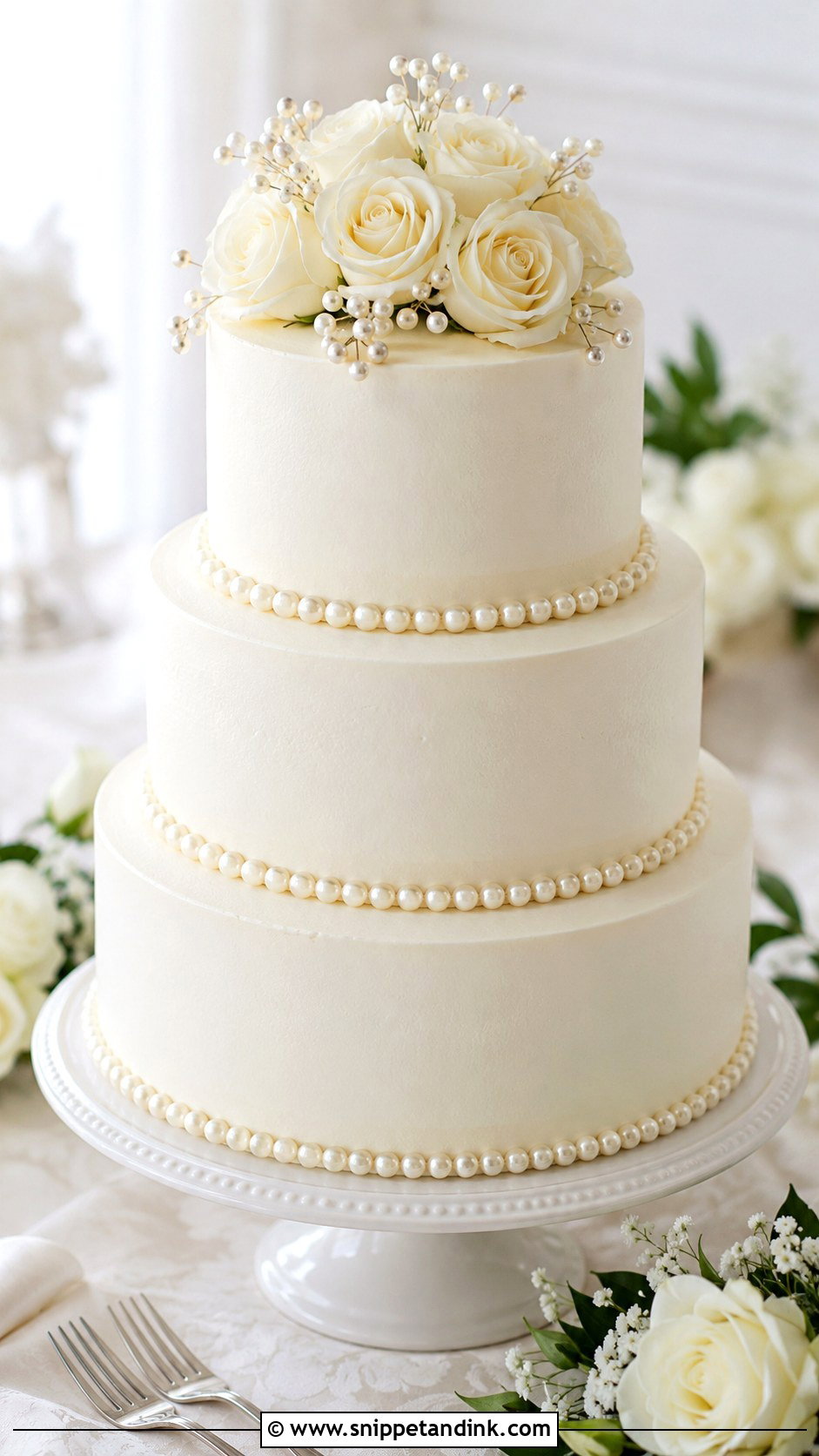White Rose Wedding Cake With Pearls - Snippet and Ink - 20 White Roses Cake Ideas for Wedding
