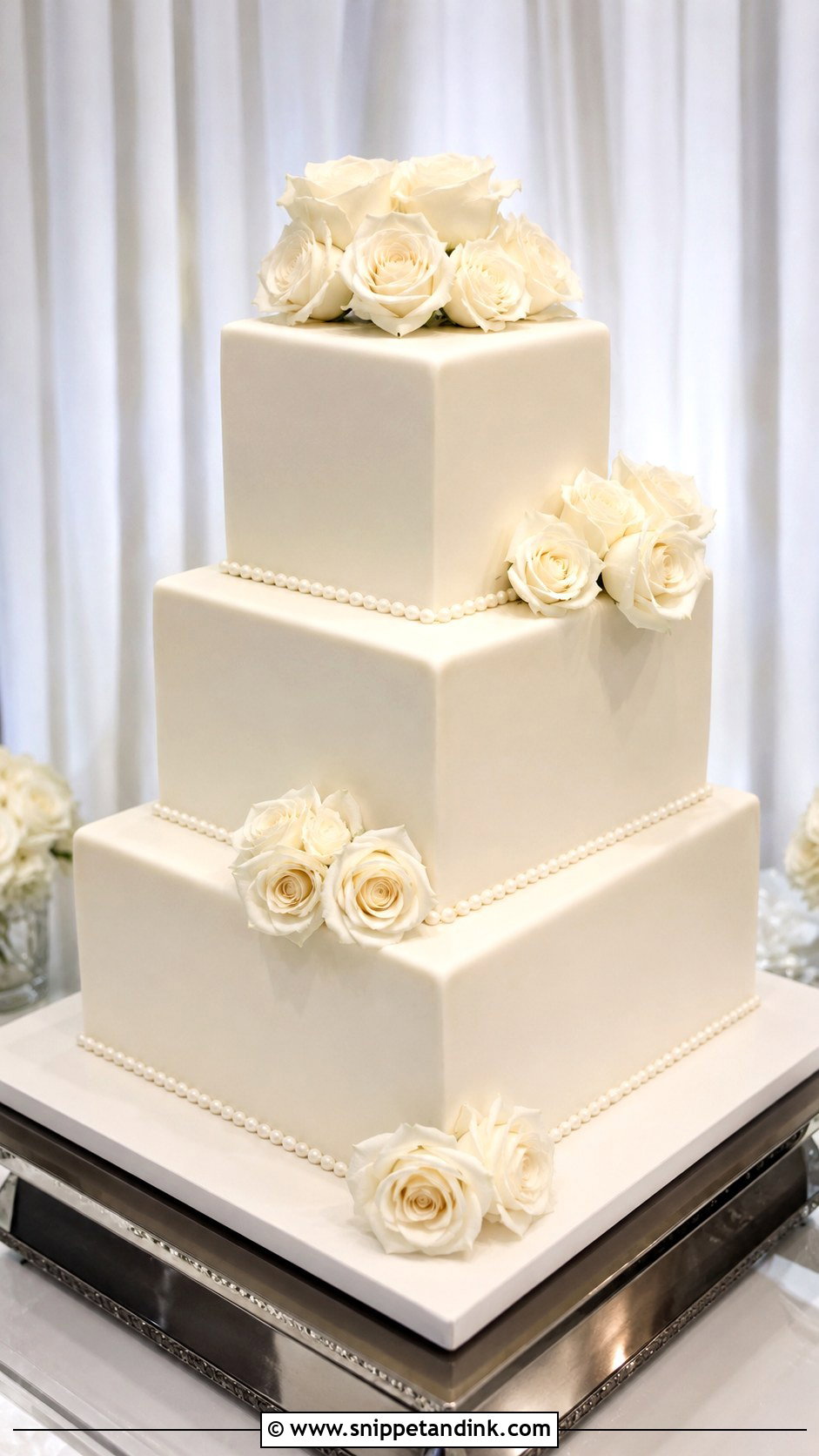 White Rose Wedding Cake With Square Tiers - Snippet and Ink - 20 White Roses Cake Ideas for Wedding