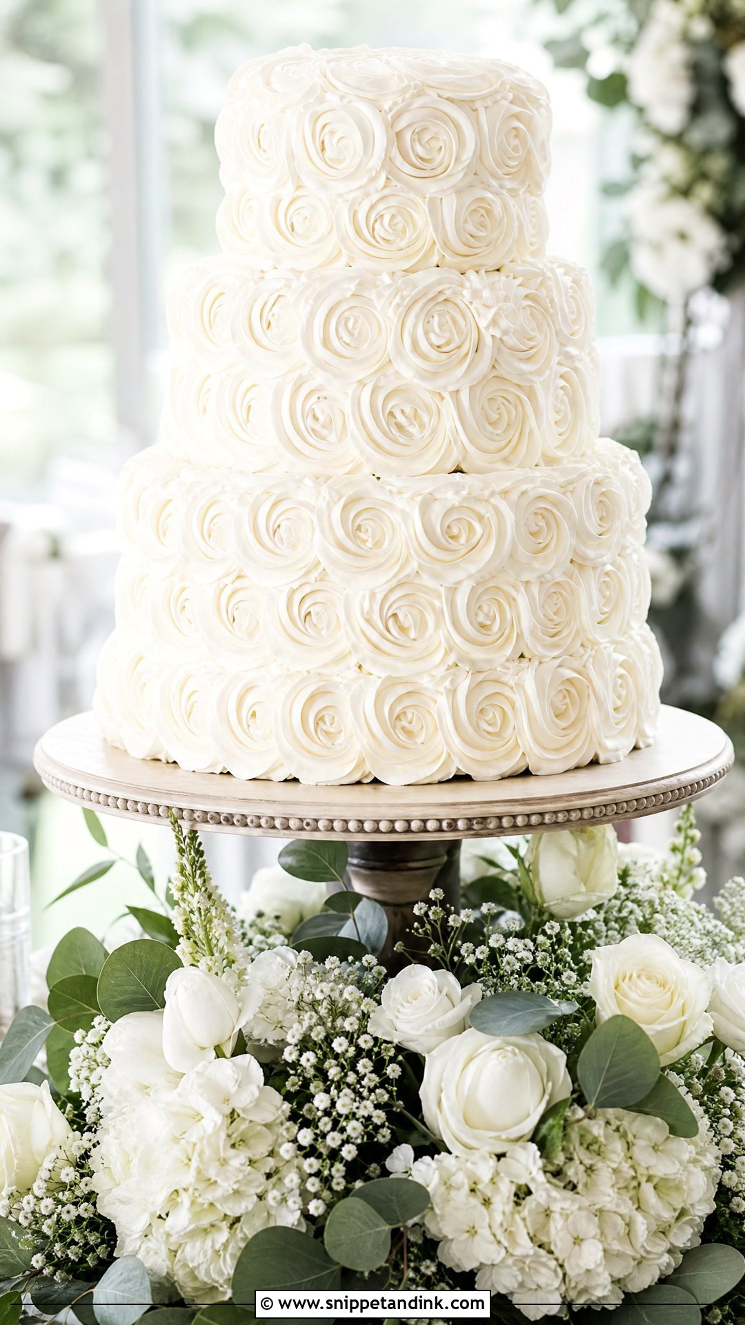 White Rosette Wedding Cake With Cake Stand Flowers - Snippet and Ink - 20 White Rosette Cake Ideas for Wedding