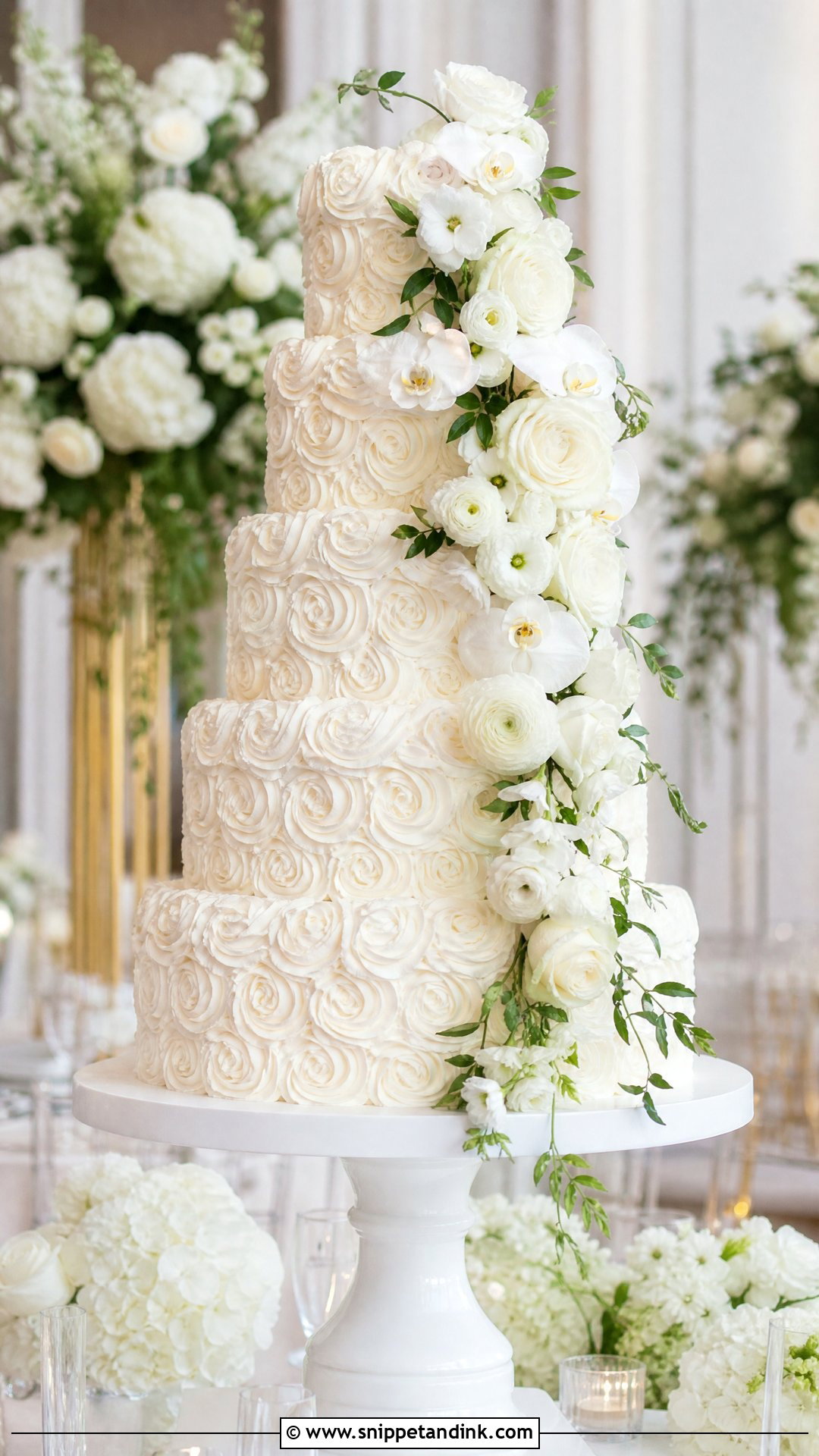 White Rosette Wedding Cake With Cascading Flowers - Snippet and Ink - 20 White Rosette Cake Ideas for Wedding