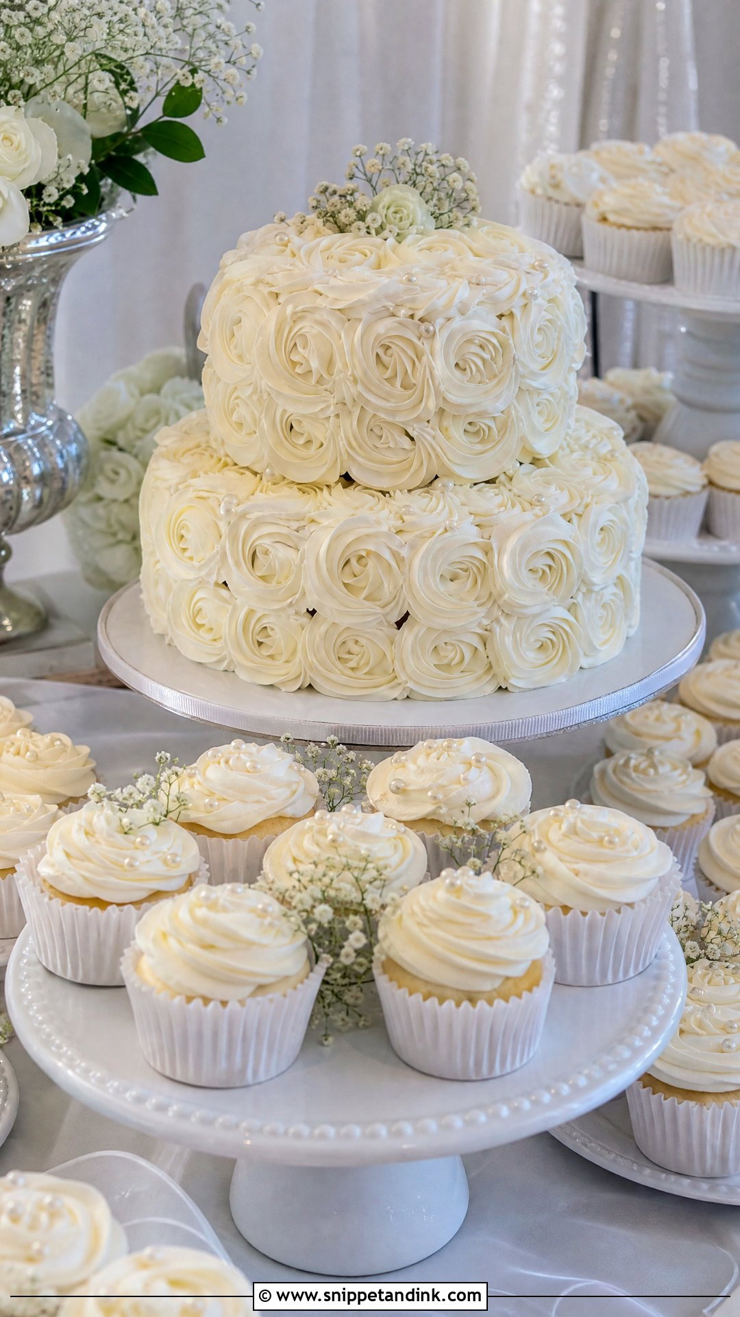 White Rosette Wedding Cake With Cupcakes - Snippet and Ink - 20 White Rosette Cake Ideas for Wedding