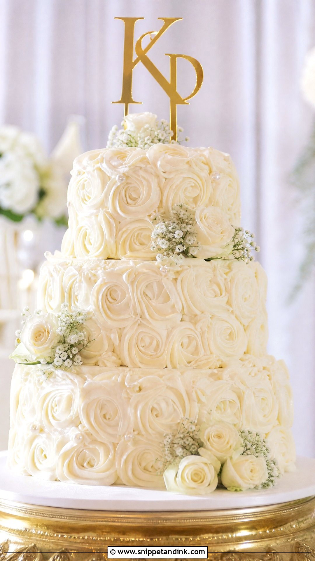 White Rosette Wedding Cake With Gold Topper - Snippet and Ink - 20 White Rosette Cake Ideas for Wedding