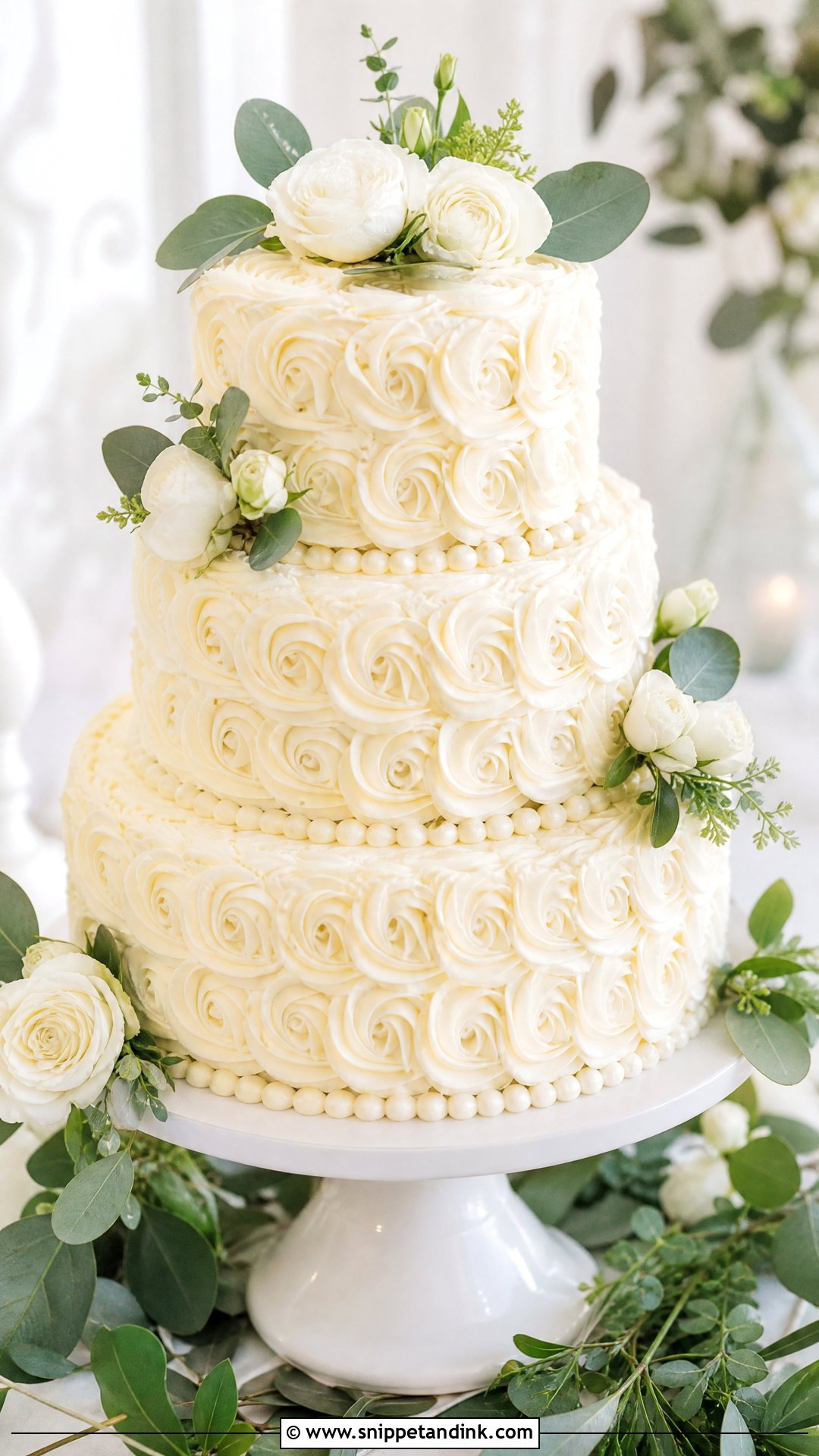 White Rosette Wedding Cake With Greenery - Snippet and Ink - 20 White Rosette Cake Ideas for Wedding