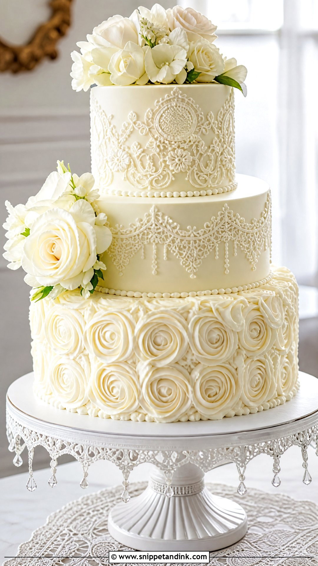 White Rosette Wedding Cake With Lace Piping - Snippet and Ink - 20 White Rosette Cake Ideas for Wedding