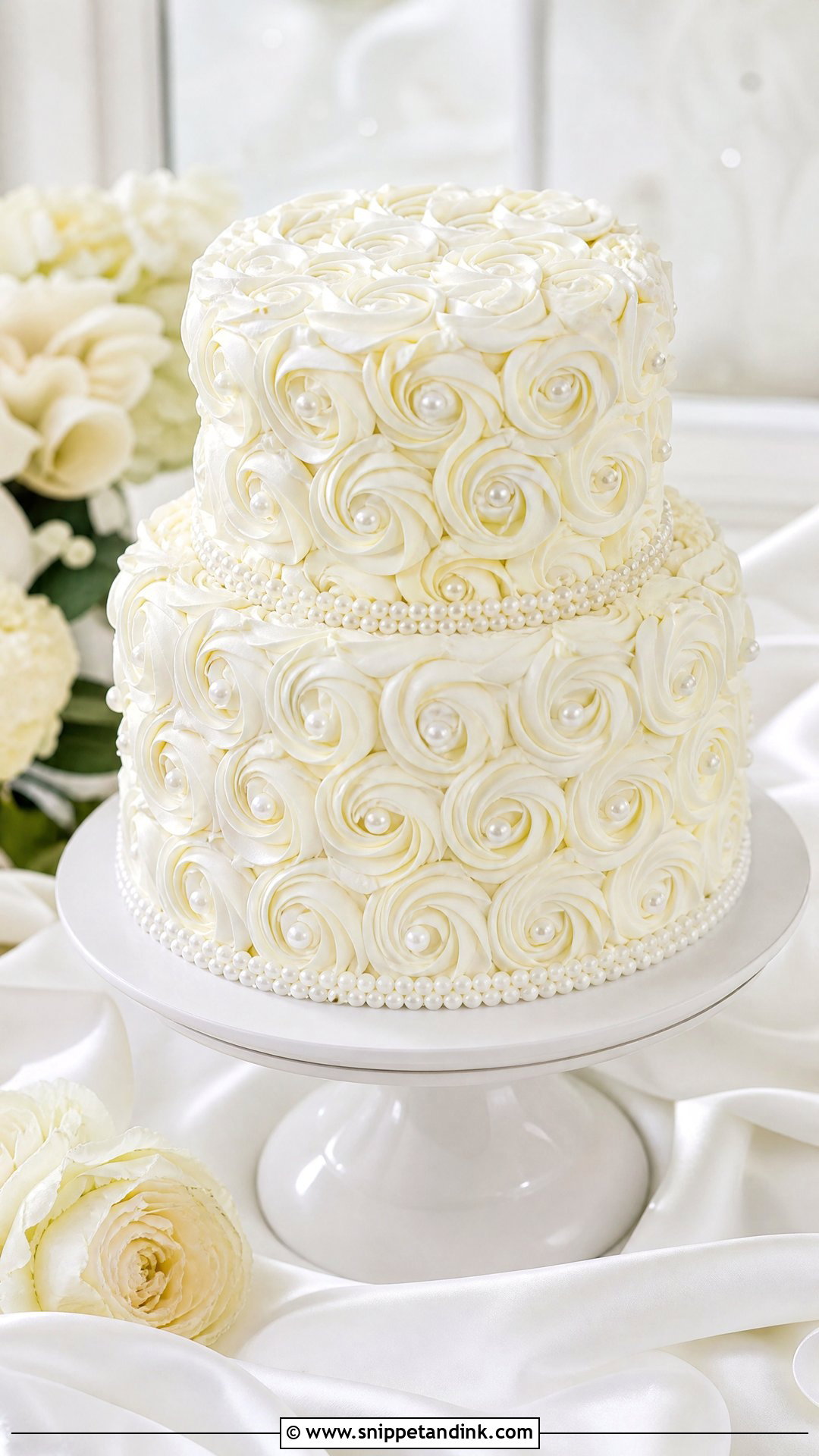 White Rosette Wedding Cake With Pearls - Snippet and Ink - 20 White Rosette Cake Ideas for Wedding