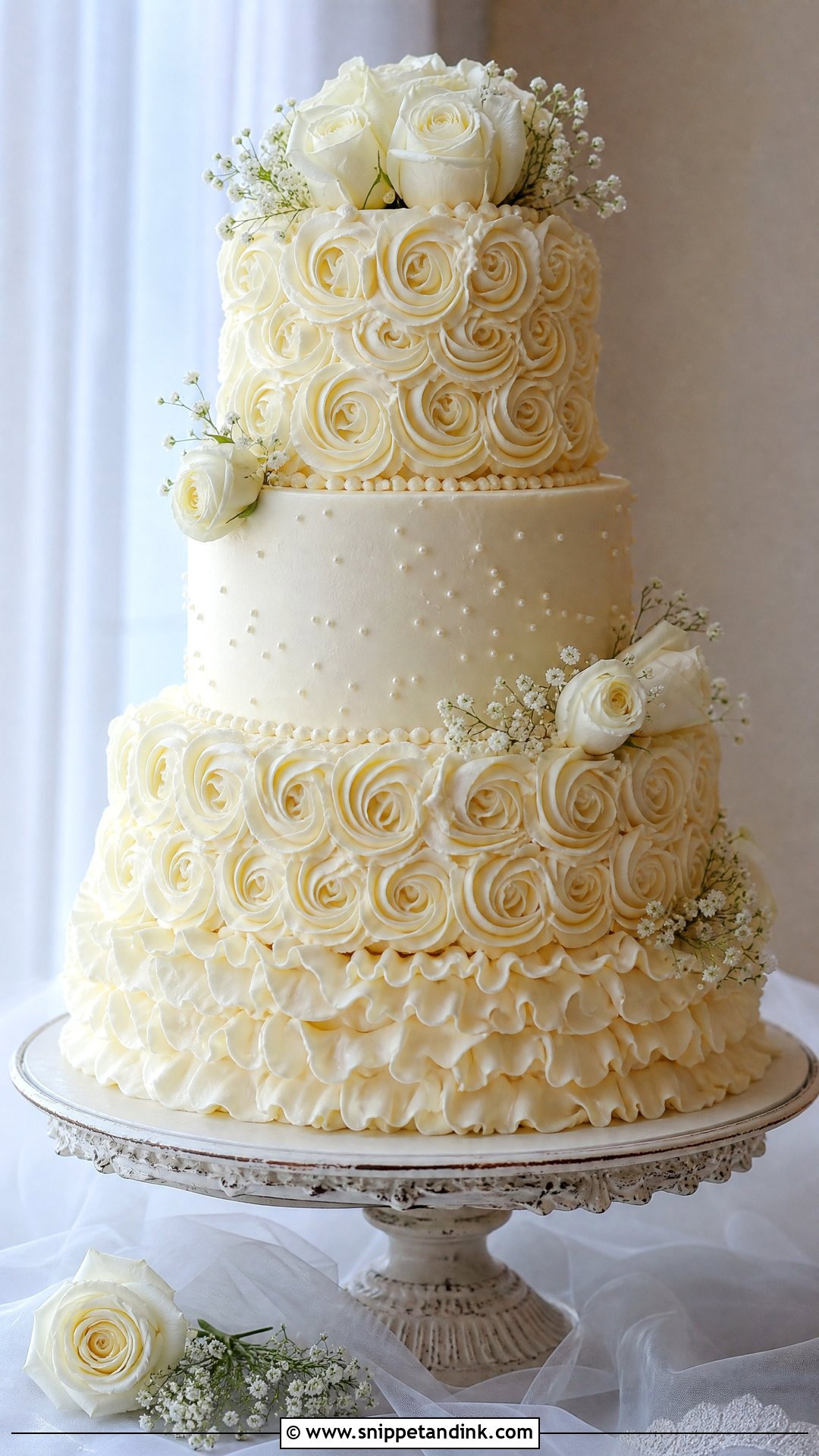 White Rosette Wedding Cake With Ruffle Tier - Snippet and Ink - 20 White Rosette Cake Ideas for Wedding