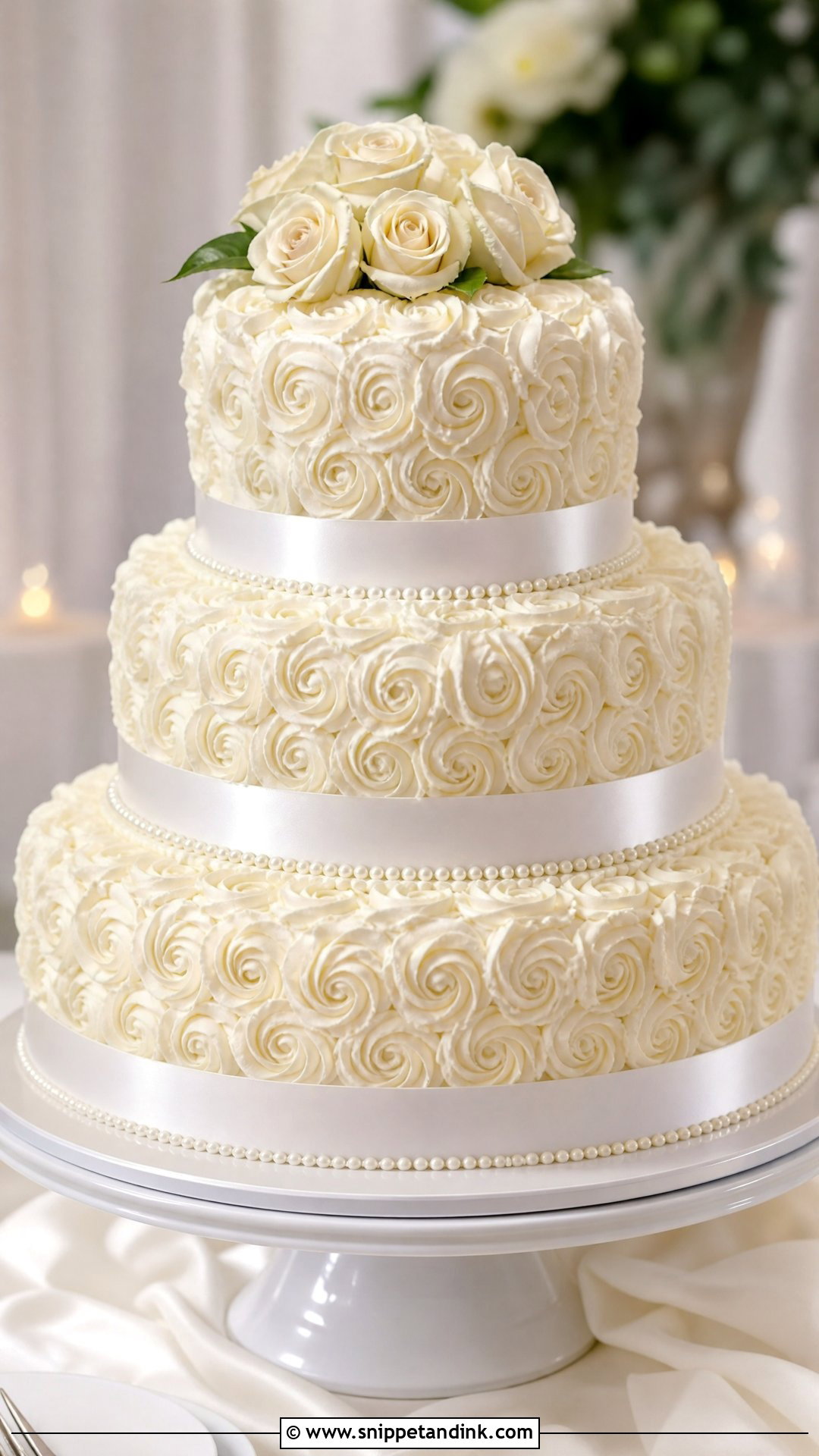 White Rosette Wedding Cake With Satin Ribbon - Snippet and Ink - 20 White Rosette Cake Ideas for Wedding