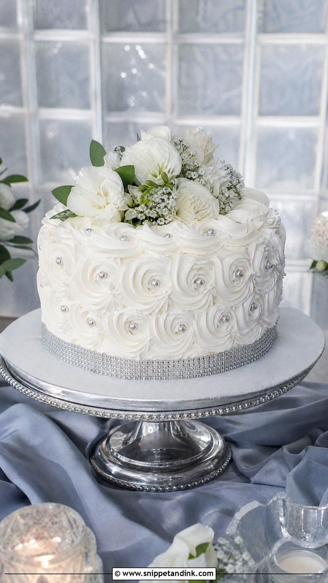 White Rosette Wedding Cake With Silver Accents - Snippet and Ink - 20 White Rosette Cake Ideas for Wedding