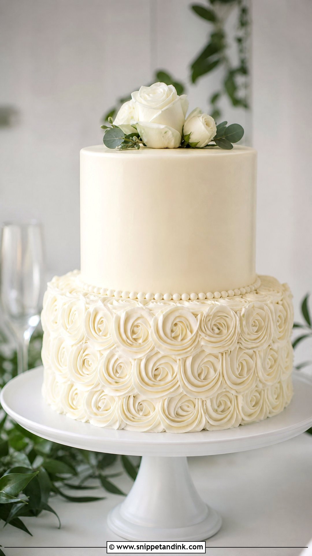 White Rosette Wedding Cake With Smooth Top Tier - Snippet and Ink - 20 White Rosette Cake Ideas for Wedding