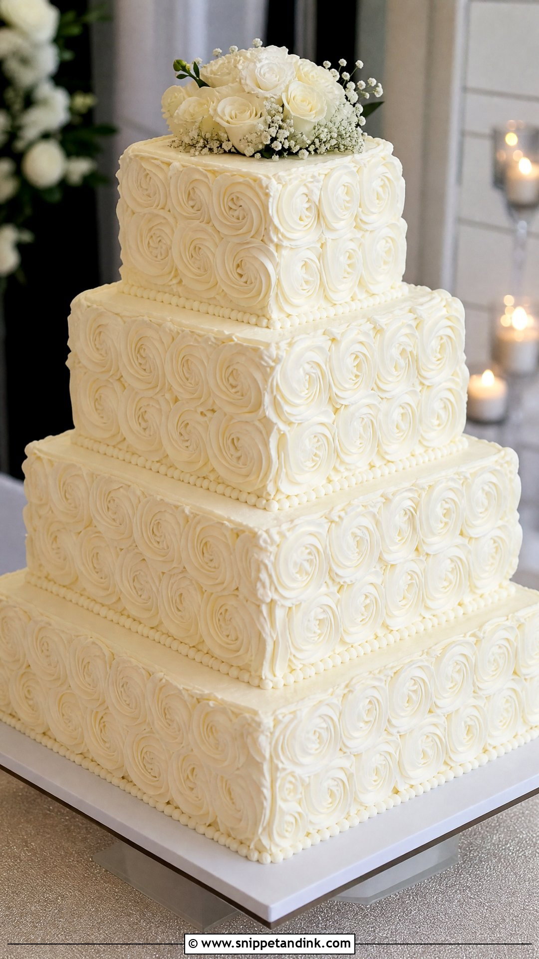 White Rosette Wedding Cake With Square Tiers - Snippet and Ink - 20 White Rosette Cake Ideas for Wedding