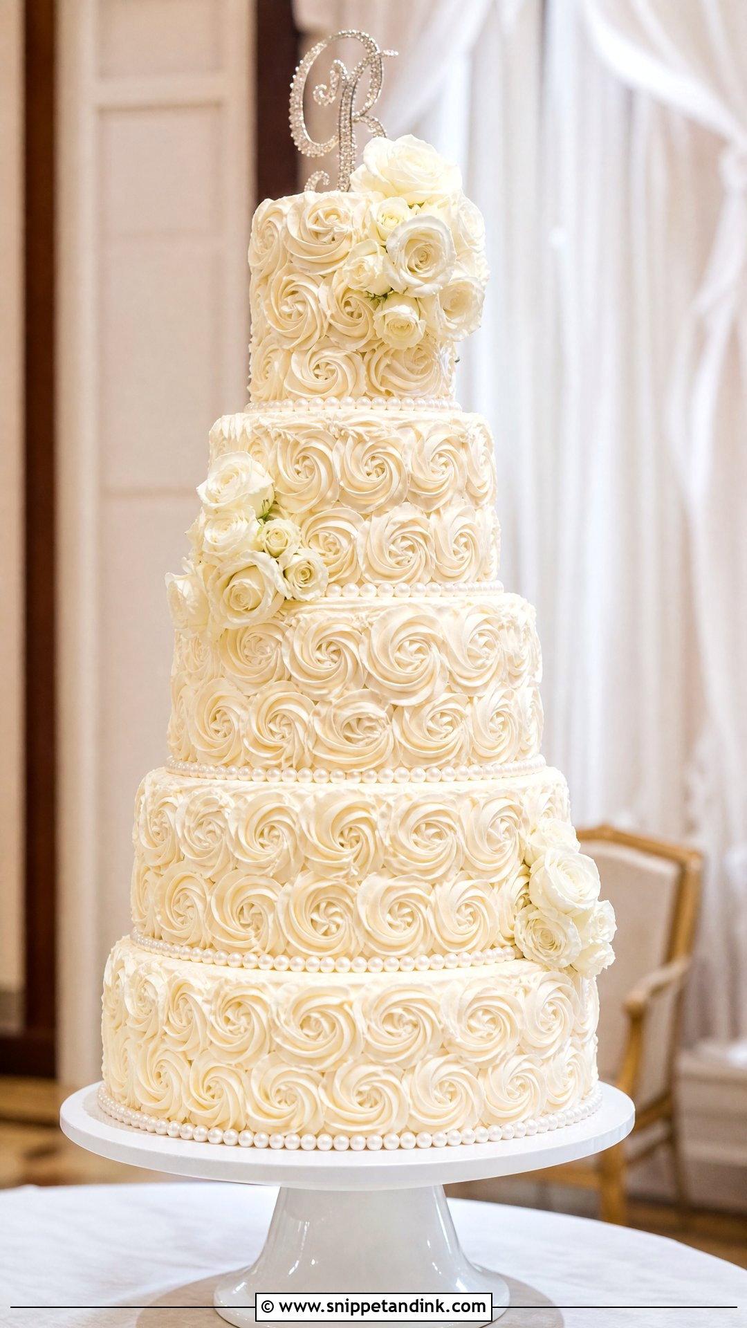 White Rosette Wedding Cake With Tall Tiers - Snippet and Ink - 20 White Rosette Cake Ideas for Wedding