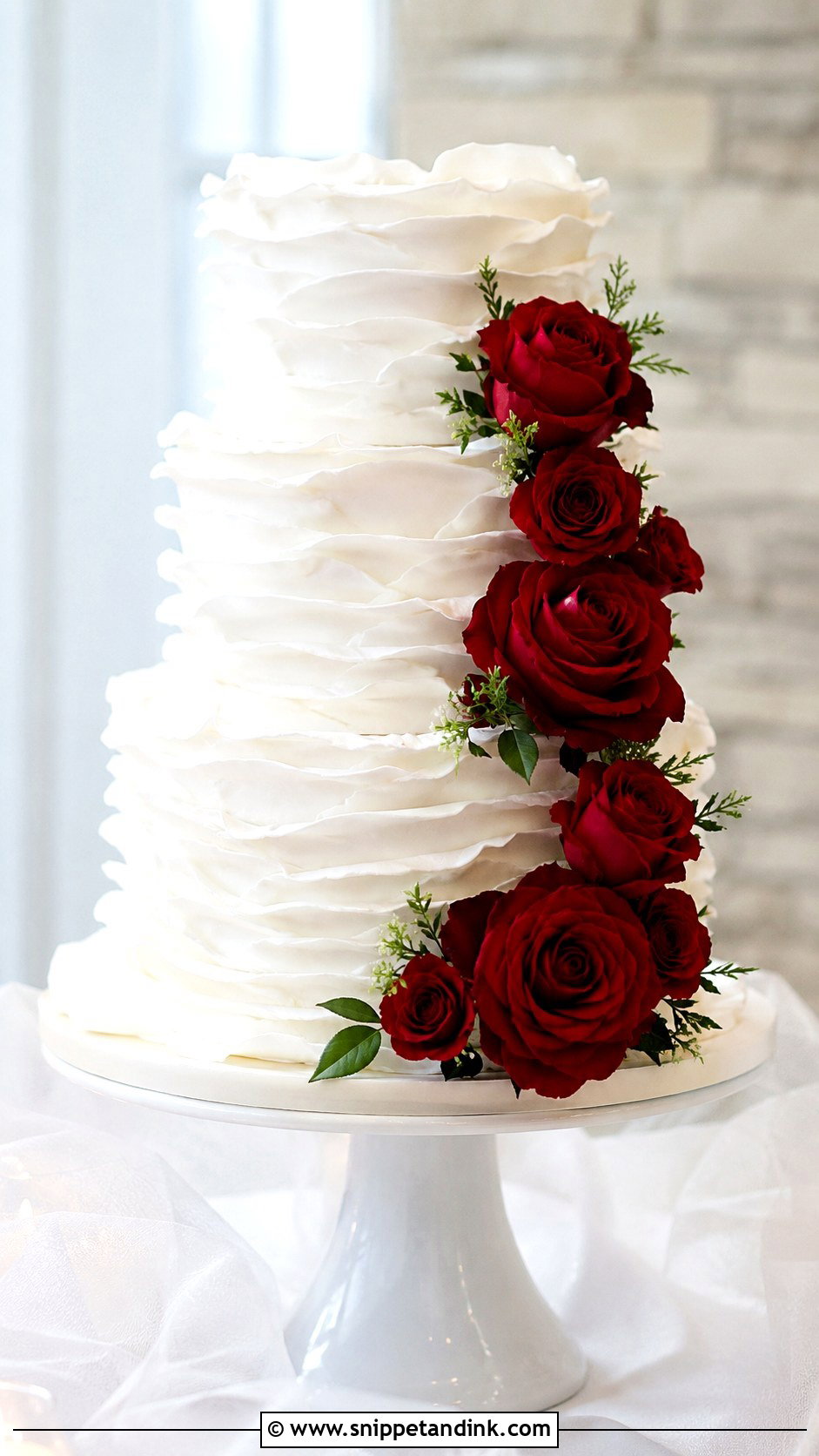 White Ruffle Wedding Cake With Red Roses - Snippet and Ink - 30 White Wedding Cake Ideas with Red Roses