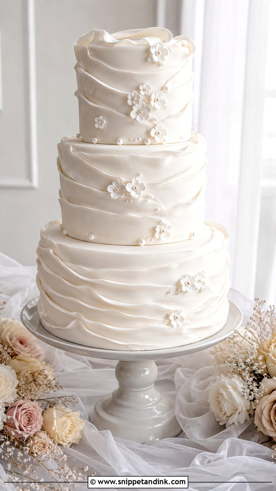 White Ruffle Wedding Cake - Snippet and Ink - 20 White Frosted Cake Ideas for Wedding