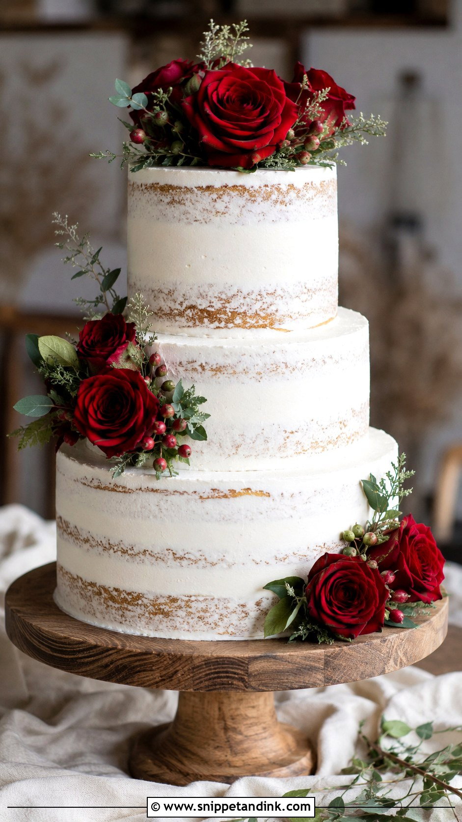 White Semi Naked Wedding Cake With Red Roses - Snippet and Ink - 30 White Wedding Cake Ideas with Red Roses
