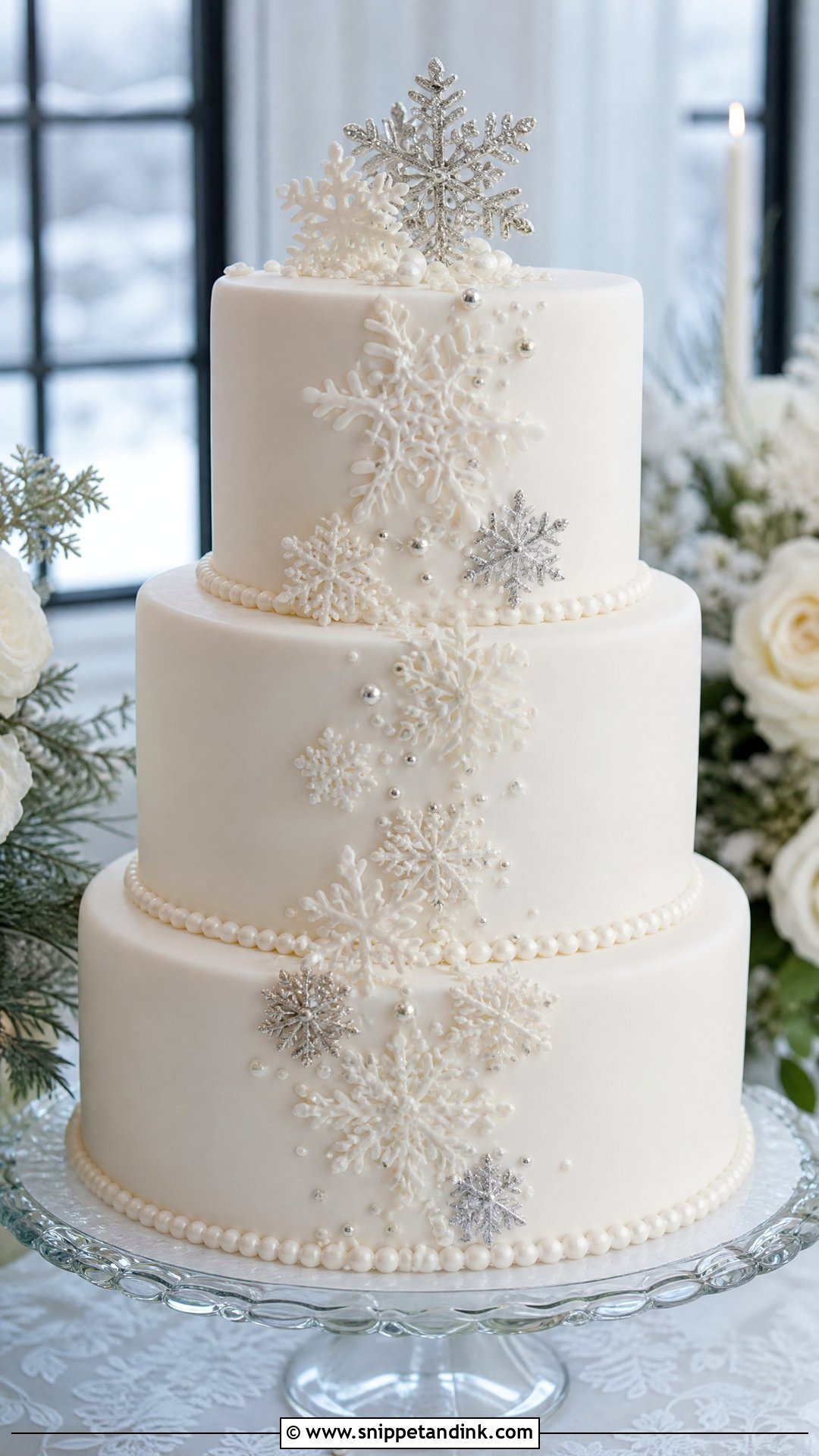 White Snowflake Wedding Cake - Snippet and Ink - 20 Winter Wedding Cake Ideas