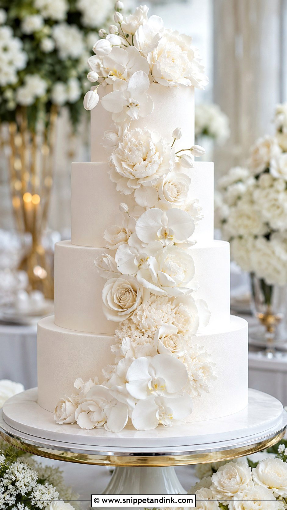 White Sugar Flower Wedding Cake - Snippet and Ink - 20 White Frosted Cake Ideas for Wedding