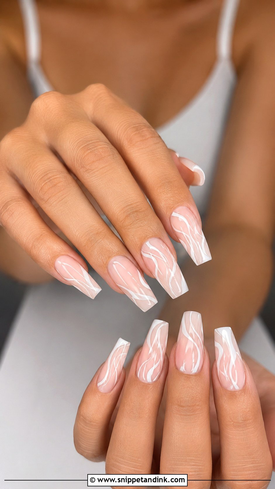 White Swirl Coffin Bridal Nails - Snippet and Ink - 20 Coffin Bridal Nails